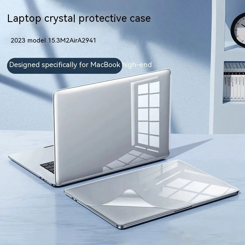 Hard plastic protective case on a MacBook laptop showing crystal transparent and matte black colour options