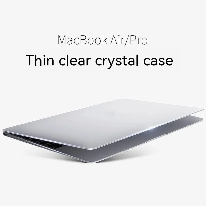 Hard plastic protective case on a MacBook laptop showing crystal transparent and matte black colour options