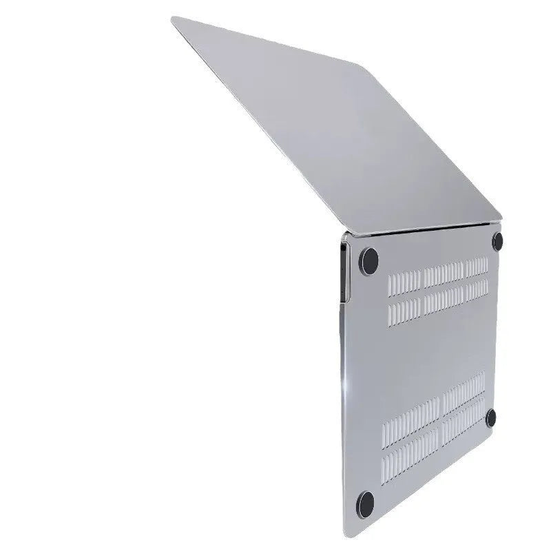 Hard plastic protective case on a MacBook laptop showing crystal transparent and matte black colour options