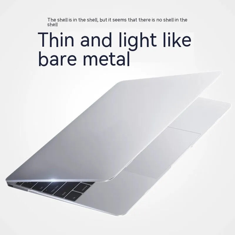 Hard plastic protective case on a MacBook laptop showing crystal transparent and matte black colour options