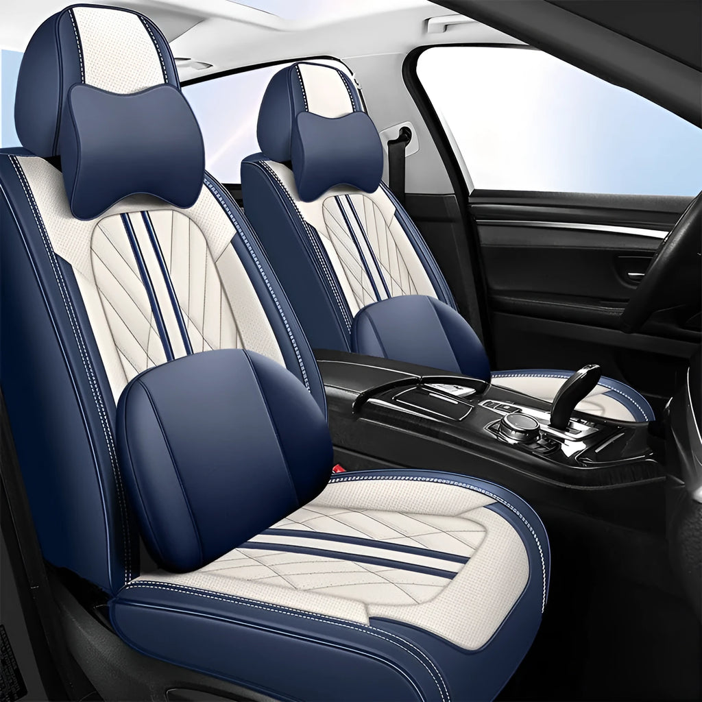 Five-seat car cushion set in faux leather with synthetic fibre filling, showing hemmed edge detail