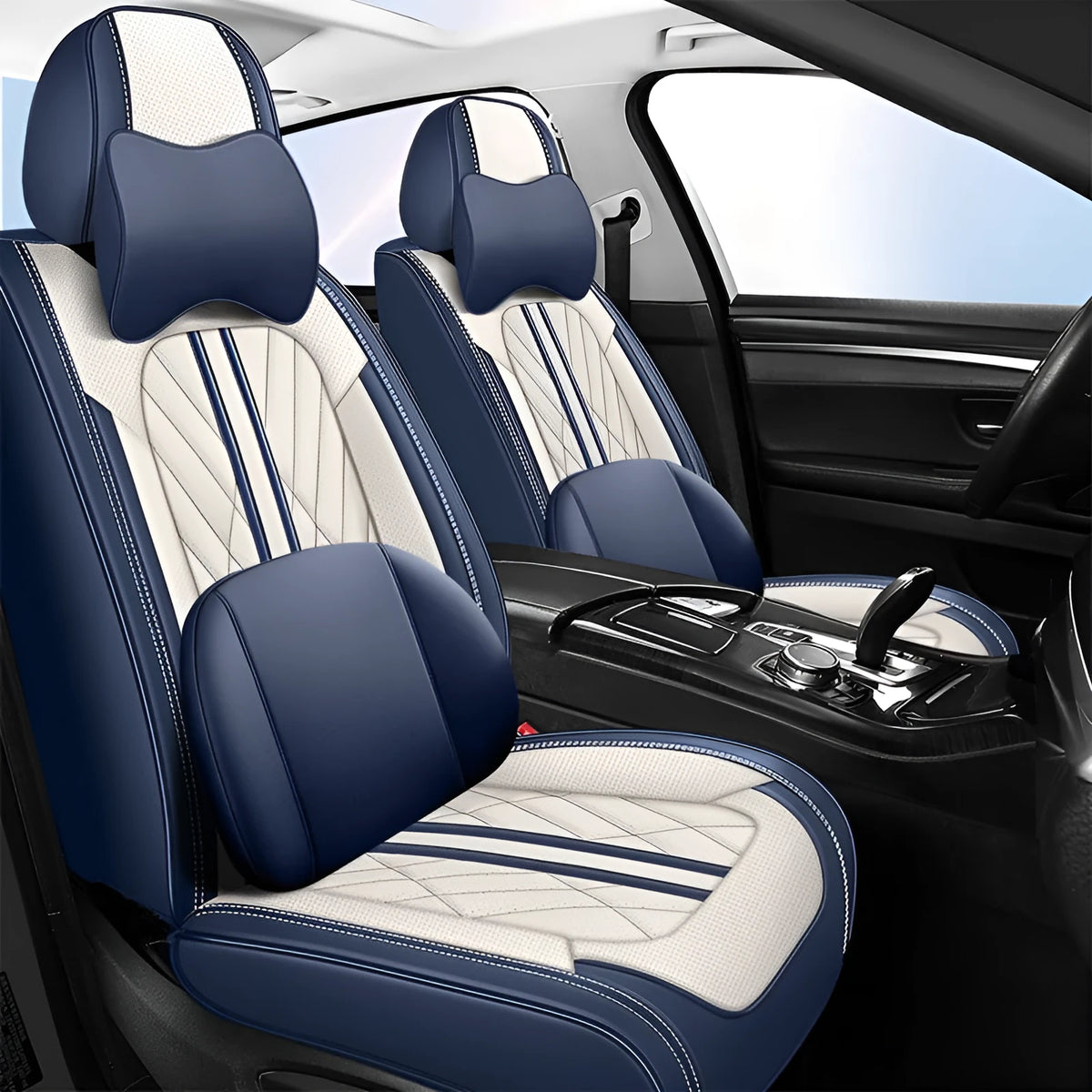 Five-seat car cushion set in faux leather with synthetic fibre filling, showing hemmed edge detail