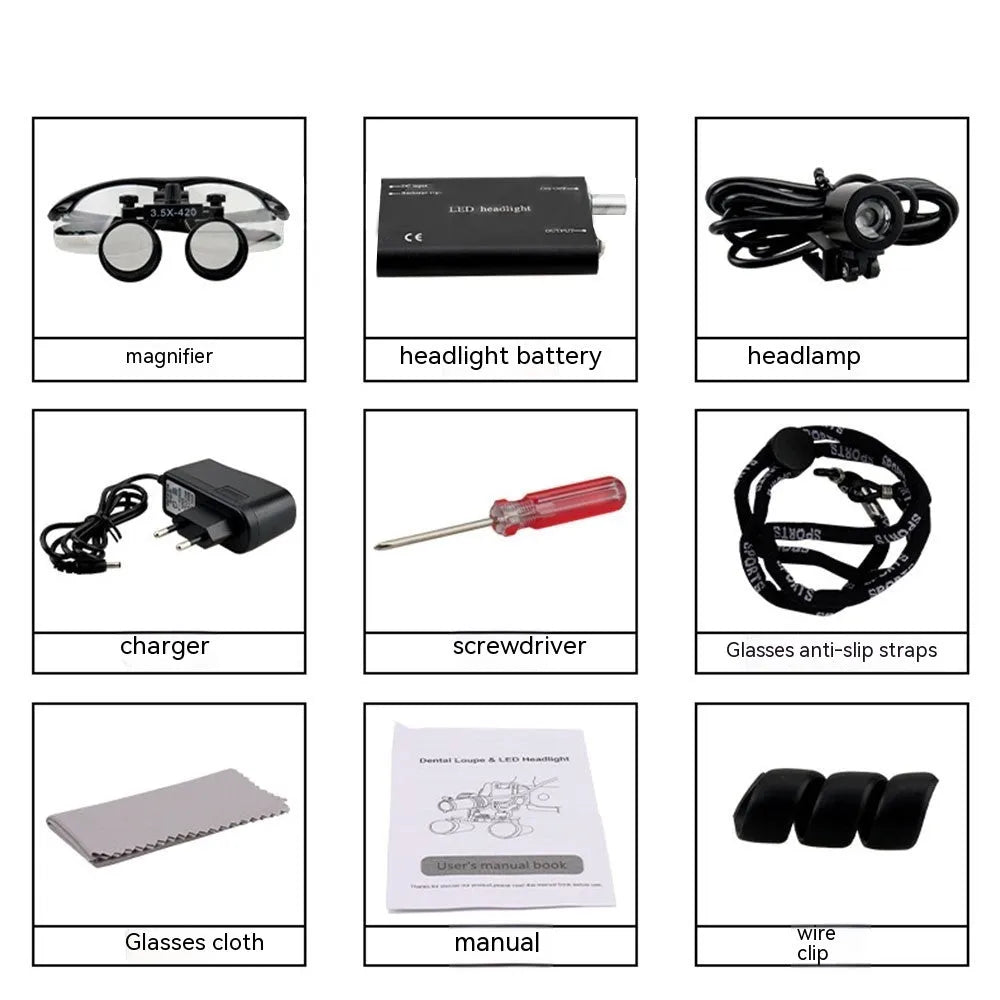 Black head-mounted dental magnifying glasses with LED light on adjustable headgear, shown with included charger and accessories.