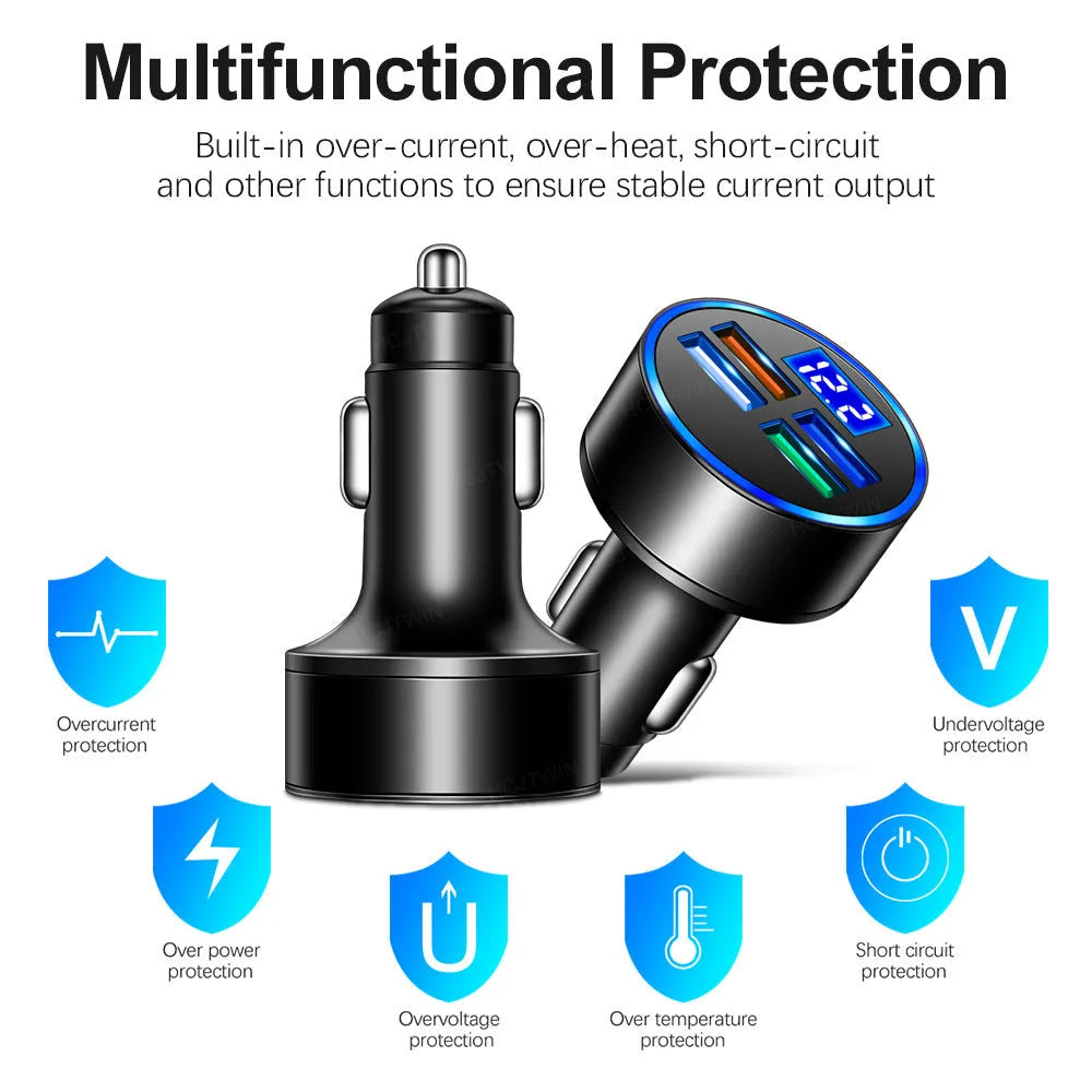 Black multi-port car charger with USB ports for vehicle charging