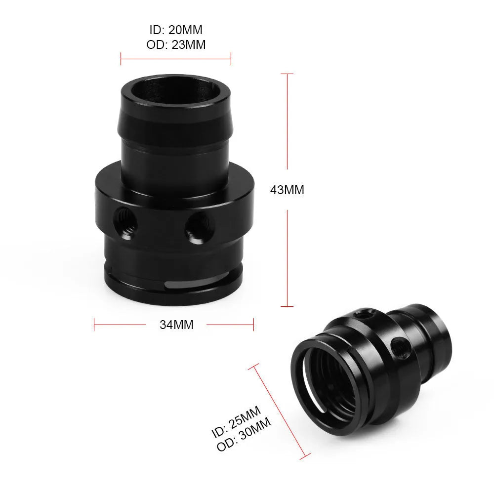 Second generation engine vacuum adapter tee in black or titanium colour with barbed hose fittings