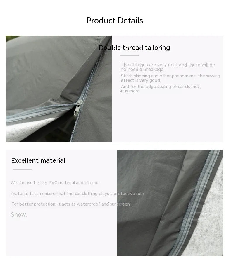 Grey PVC car cover for a Volkswagen vehicle showing rainproof and sun protection features.