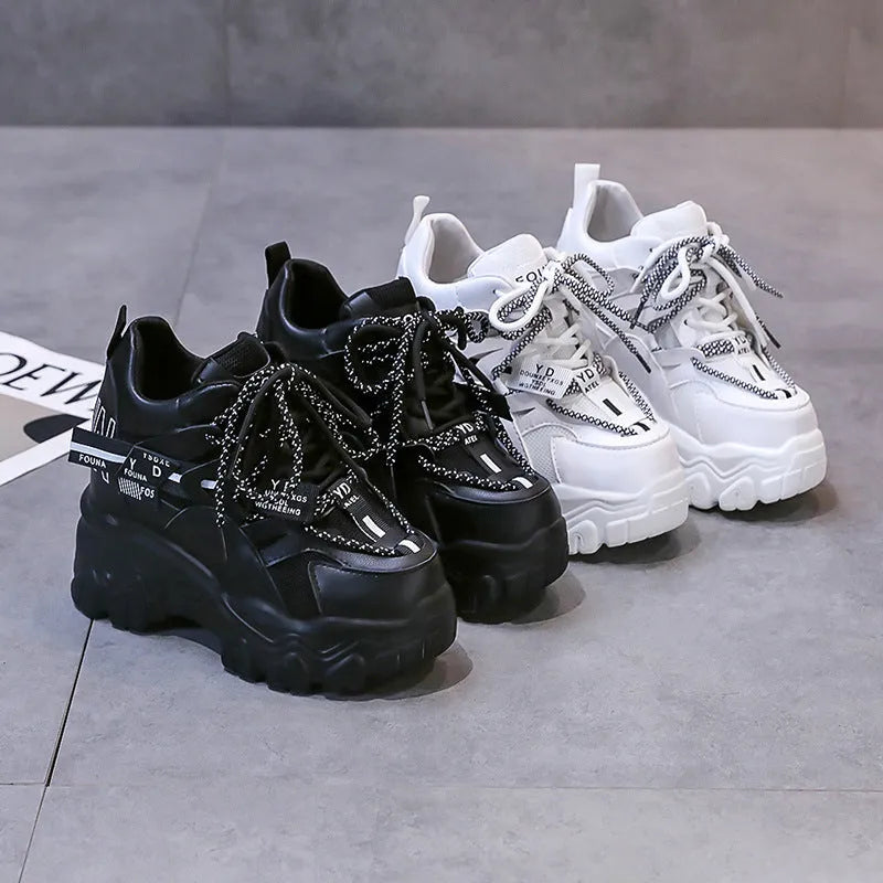 Women's white mesh platform sports shoes with cross-strap and rubber sole