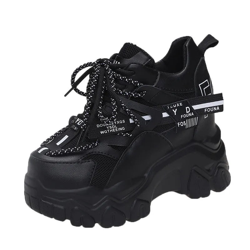 Women's white mesh platform sports shoes with cross-strap and rubber sole