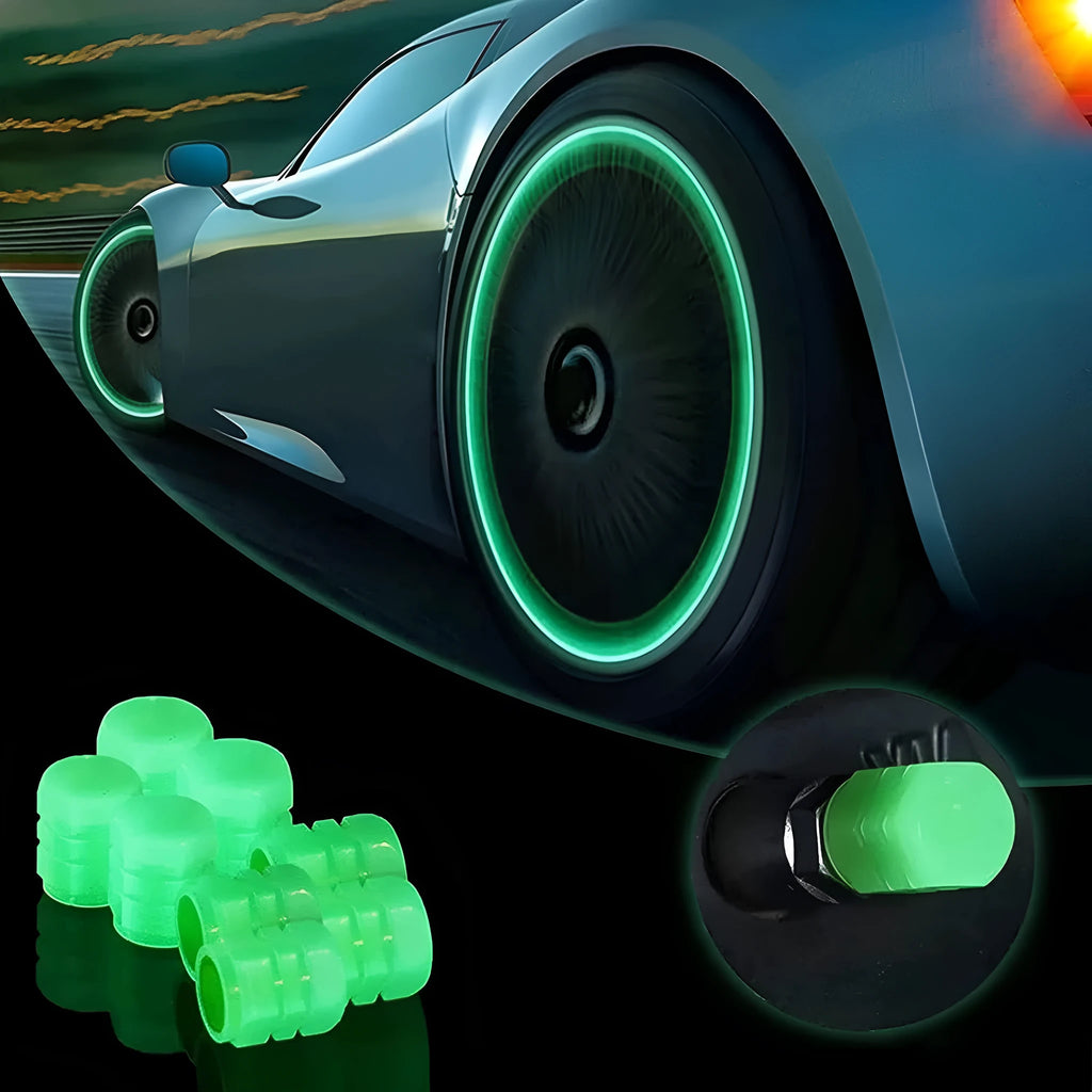 Luminous rubber tyre valve cap with split highlighter design shown in available colour options