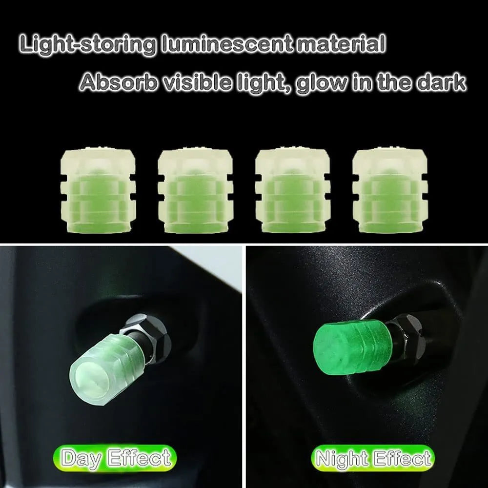 Luminous rubber tyre valve cap with split highlighter design shown in available colour options
