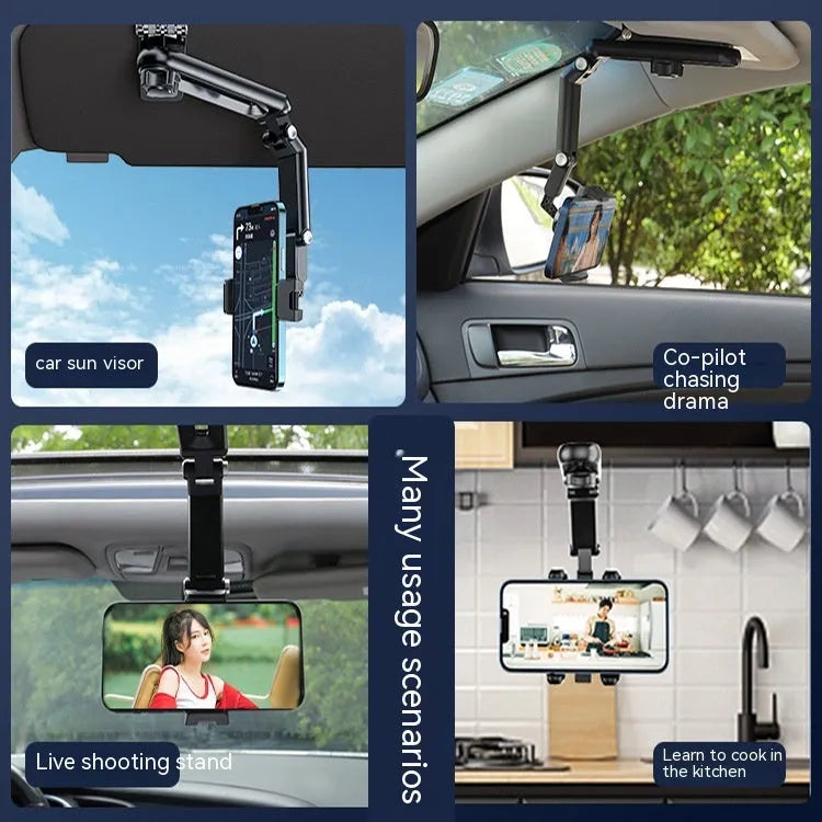 Black and green dual clip car phone bracket mounted on dashboard holding mobile phone