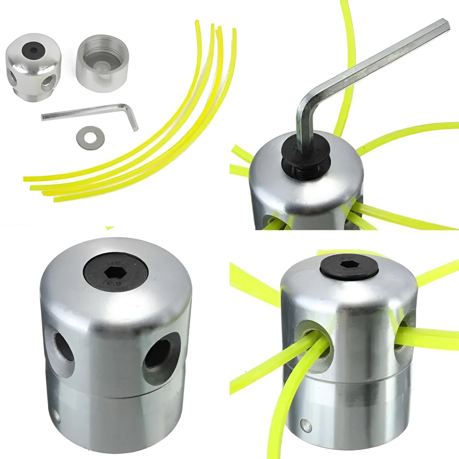 Aluminium lawn mower trimmer head accessory kit with four light yellow square grass cords and a wrench