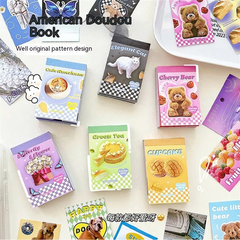 American retro cartoon sticker book showing 50 adhesive sheets in six colour options with 4x6cm sizing
