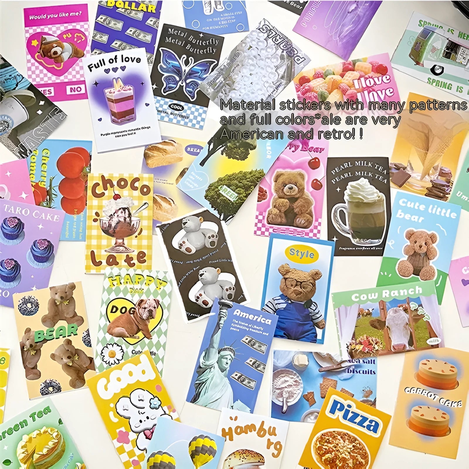American retro cartoon sticker book showing 50 adhesive sheets in six colour options with 4x6cm sizing