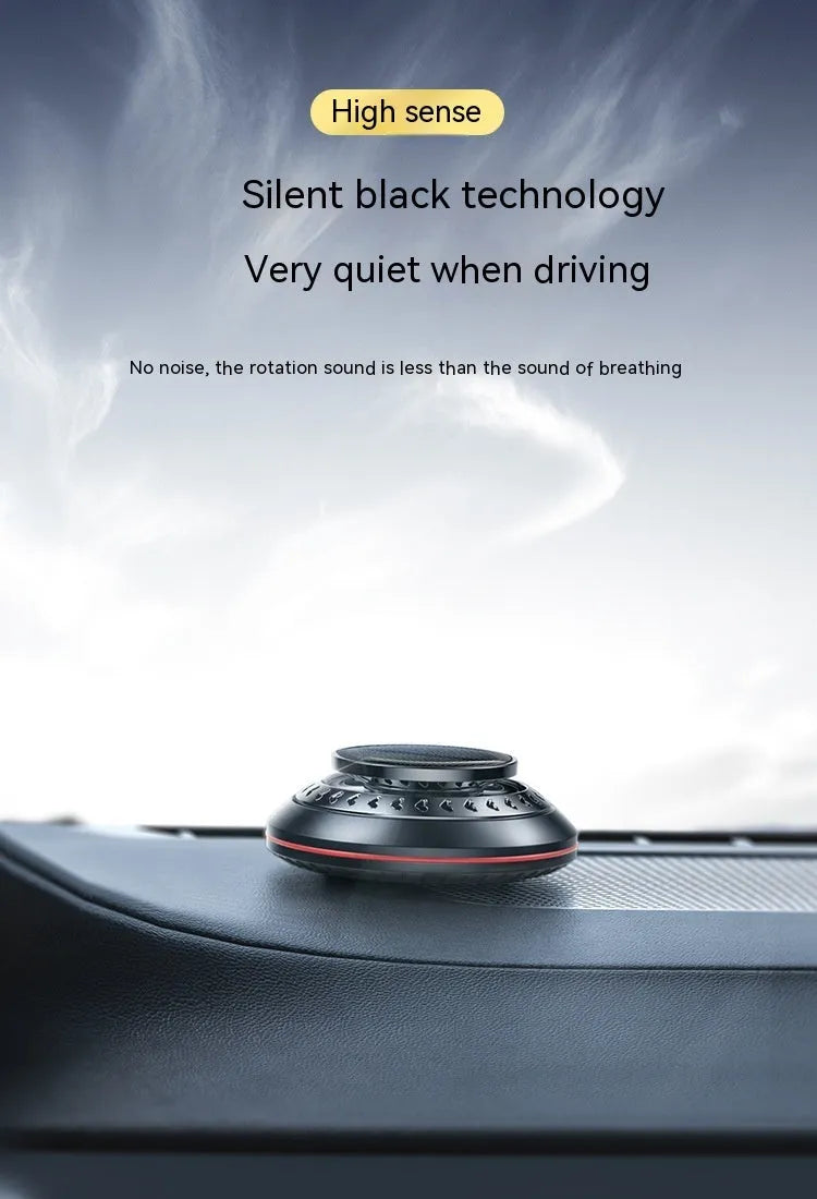 Solar-powered aluminium alloy car air freshener and purifier unit in black, red, or silver.