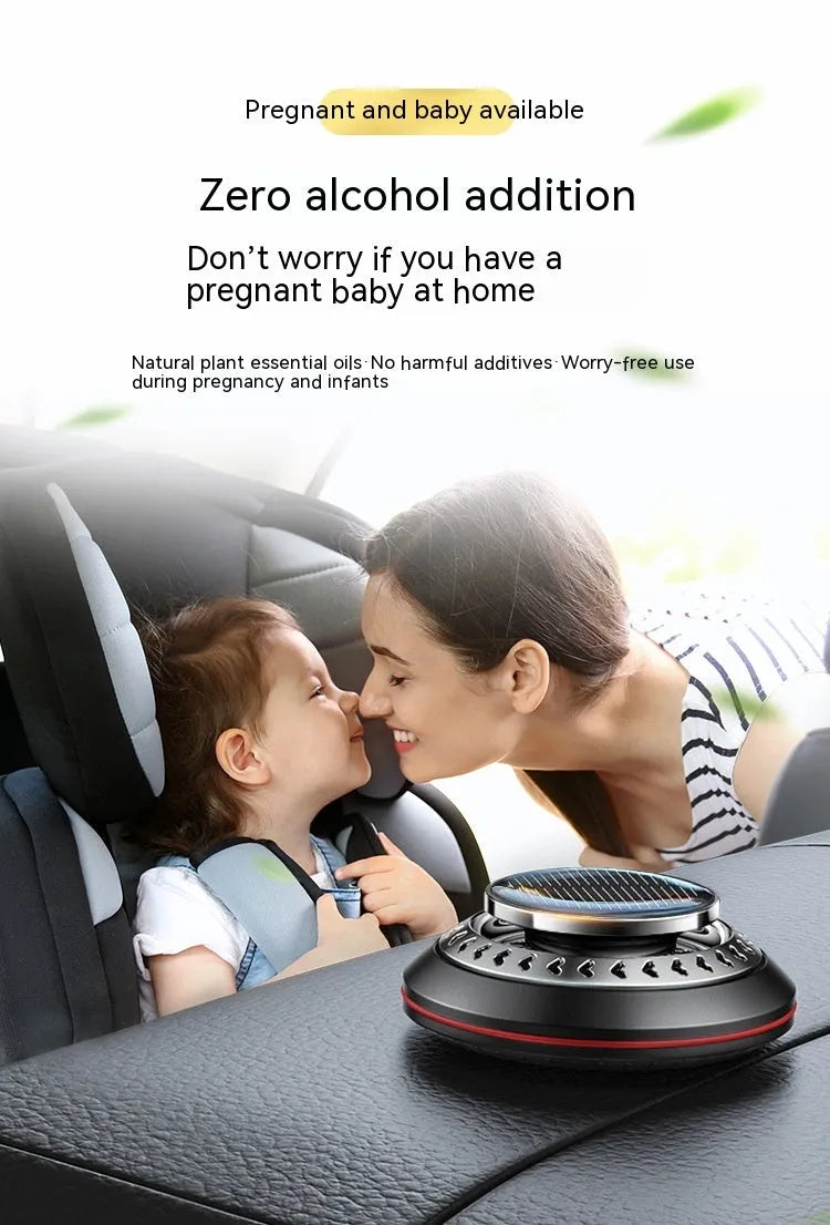 Solar-powered aluminium alloy car air freshener and purifier unit in black, red, or silver.