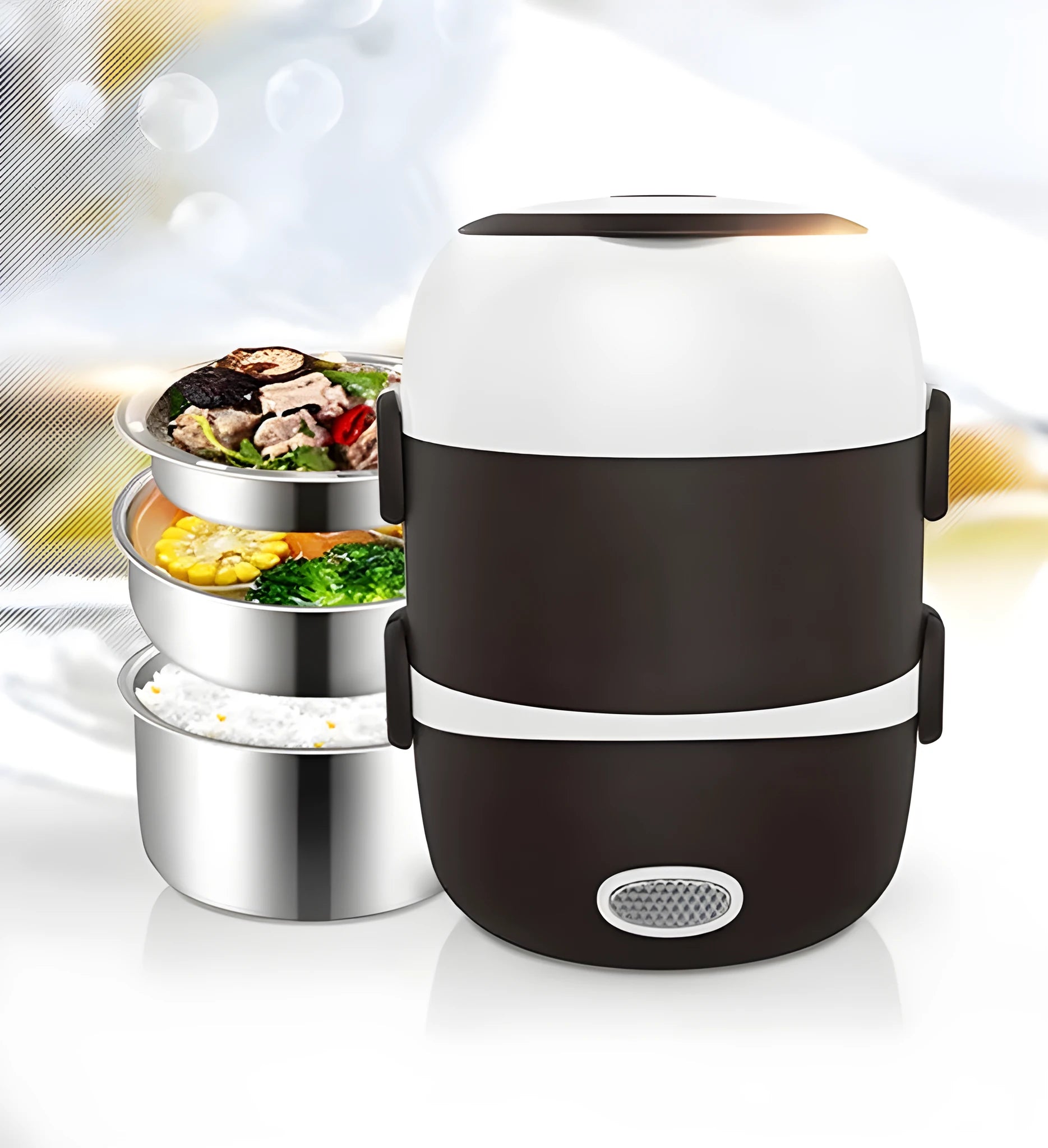 Portable electric lunch box with USB connector showing two-layer design and digital display