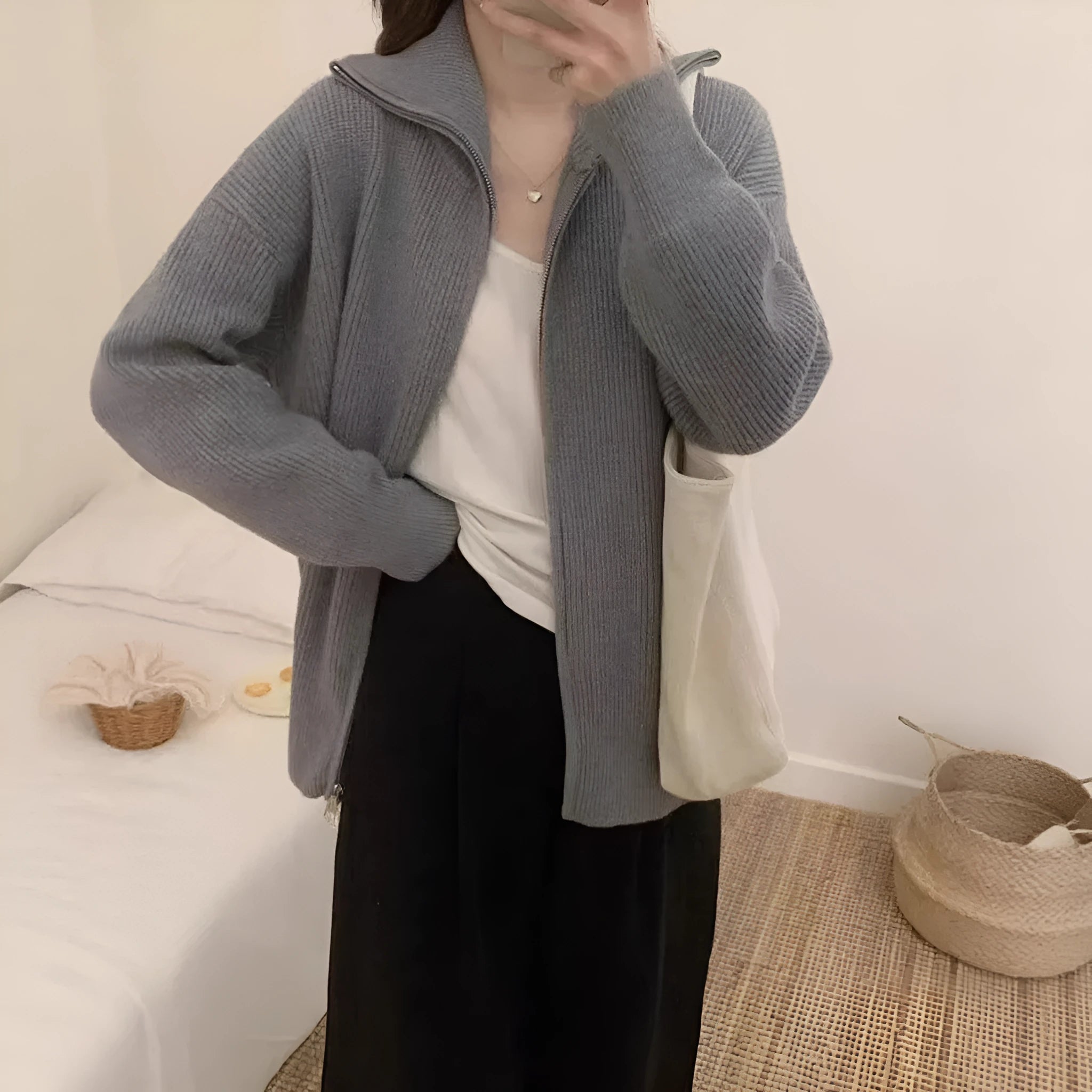 Hong Kong style double zipper knitted cardigan with floral pattern in wine red colour
