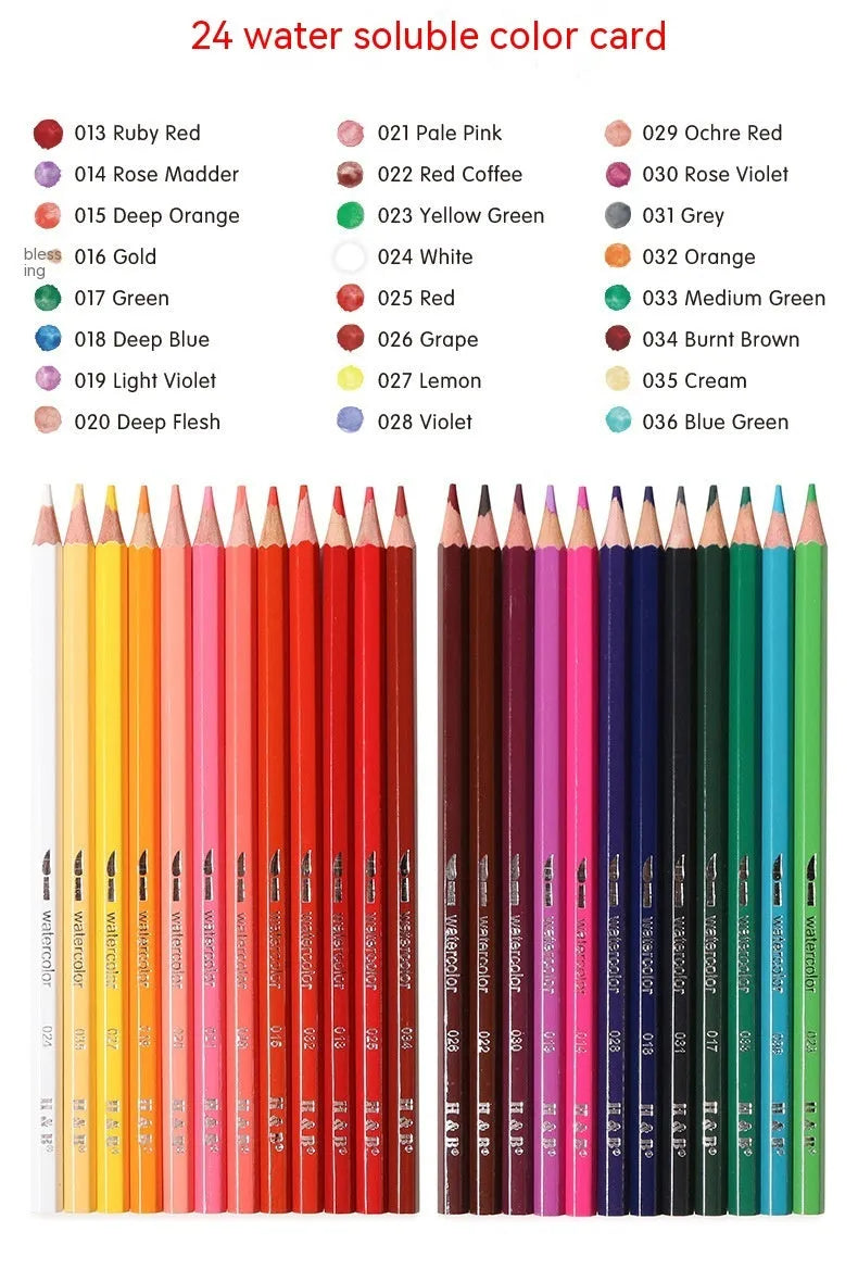 Box of 24 water soluble coloured pencils open inside a silver iron storage tin.