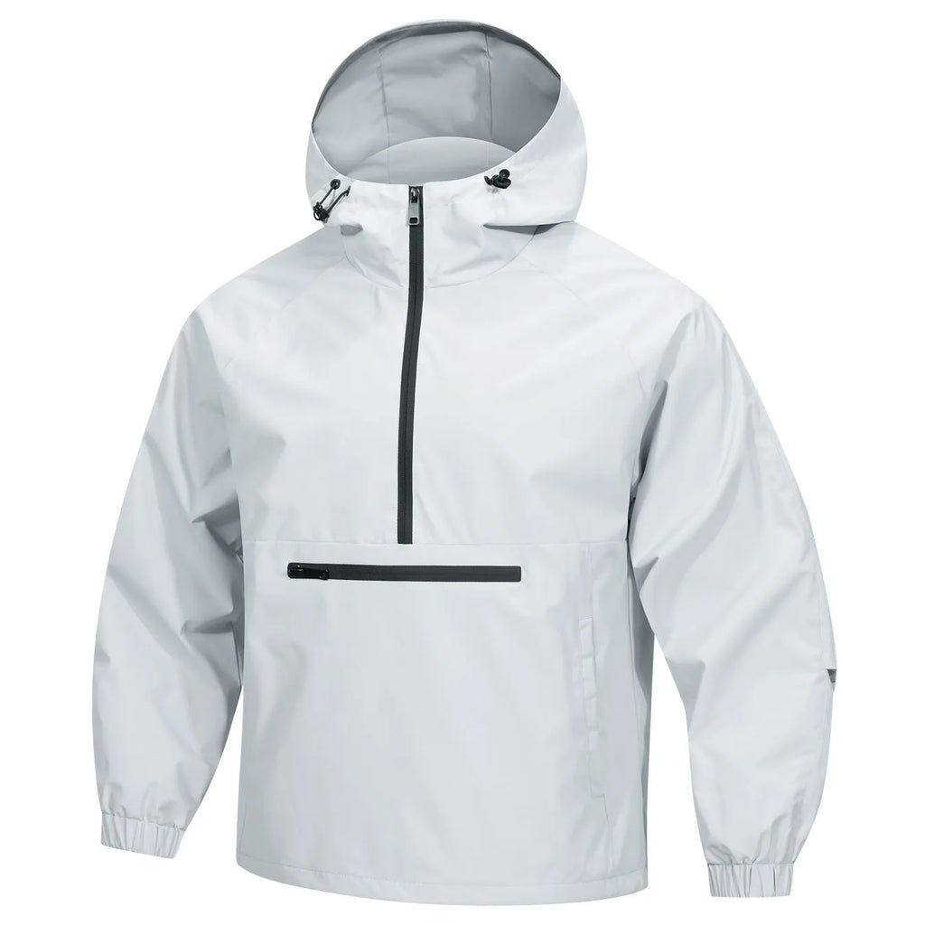 Man wearing a light grey loose-fit Korean-style hooded corduroy jacket with a half-zip front.