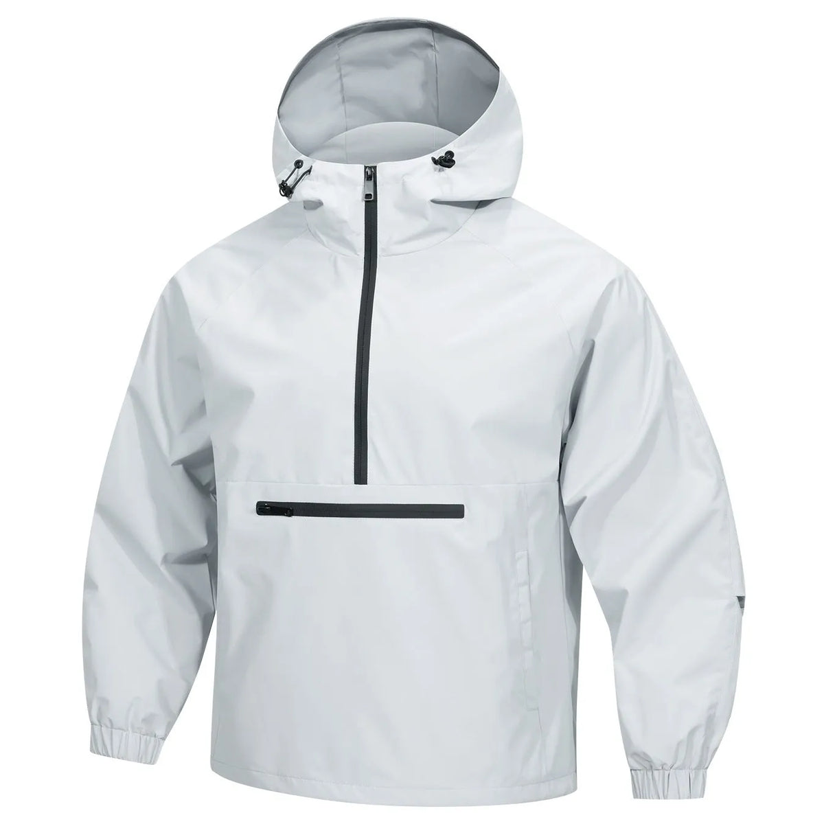 Man wearing a light grey loose-fit Korean-style hooded corduroy jacket with a half-zip front.