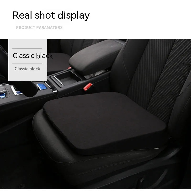 Black car seat cushion showing thickness and dimensions for height adjustment
