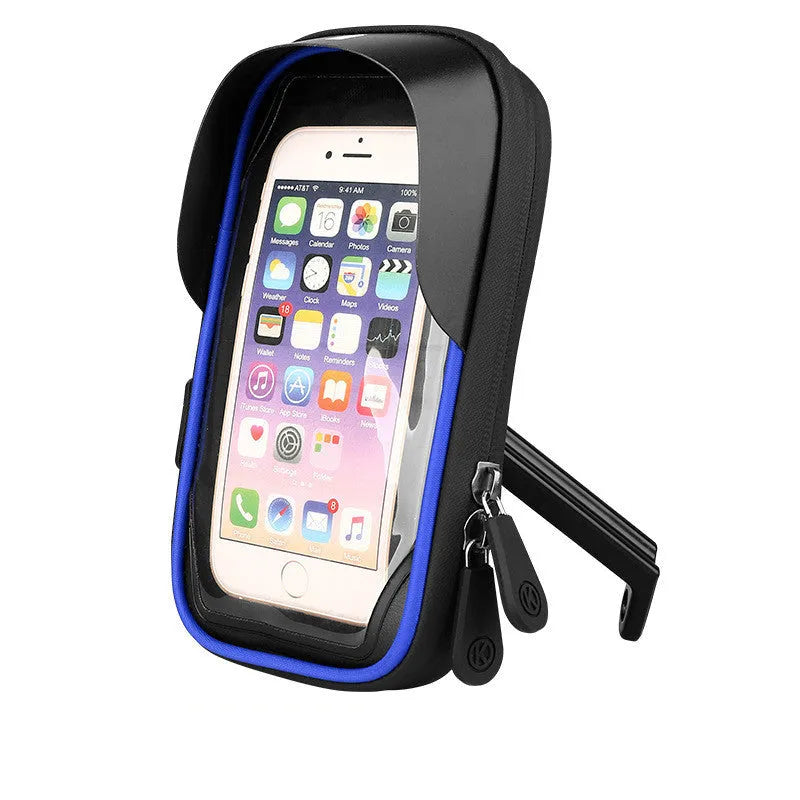 TPU waterproof mobile phone stand mounted on bicycle handlebar with phone visible through touchscreen layer