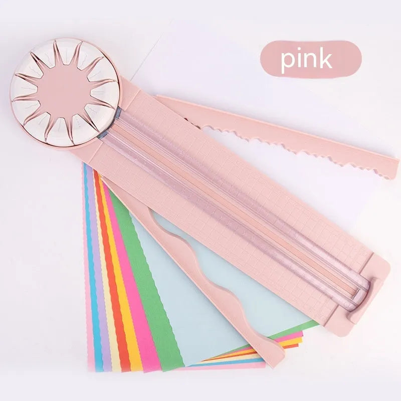 Plastic paper cutting machine with twelve dotted patterns in pink colour, showing 46.2cm length
