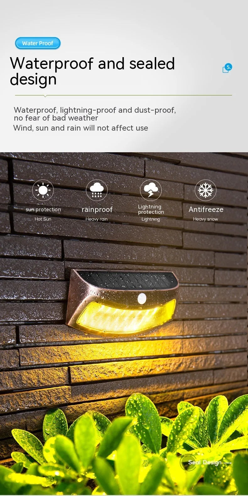 Solar outdoor wall lamp with smiling face design measuring 153mm by 76mm by 38mm
