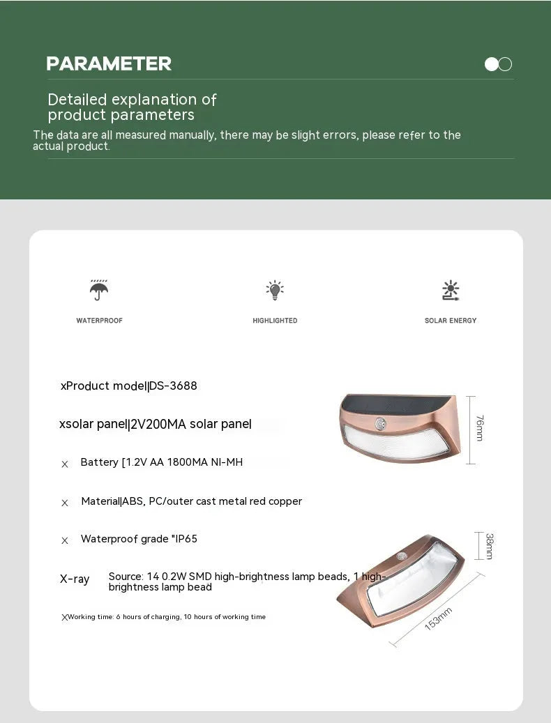 Solar outdoor wall lamp with smiling face design measuring 153mm by 76mm by 38mm