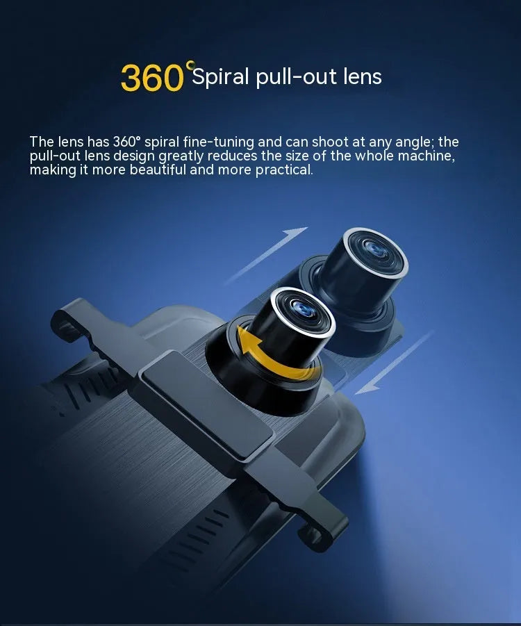 Black rearview mirror dash cam with 10-inch touchscreen display showing road footage.