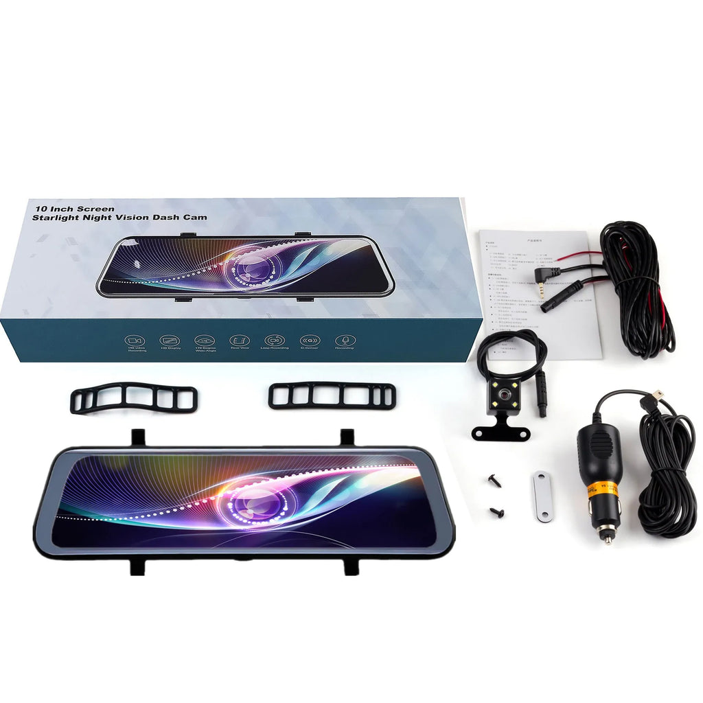 Black rearview mirror dash cam with 10-inch touchscreen display showing road footage.
