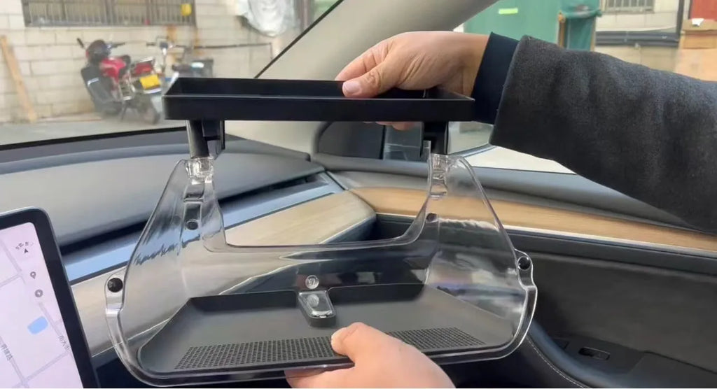 Black ABS storage box for under the Tesla Model 3 Y touchscreen, showing ETC card slot and napkin box compartment.