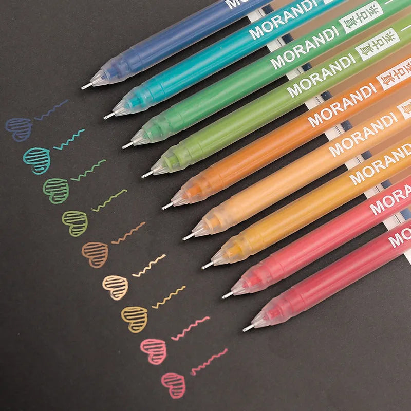 Set of nine solid colour gel pens with 0.5mm needle tips in retro Japanese-style packaging