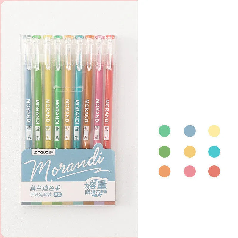 Set of nine solid colour gel pens with 0.5mm needle tips in retro Japanese-style packaging
