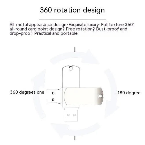 White metal rotary USB flash drive showing compact dimensions and rotating cover mechanism