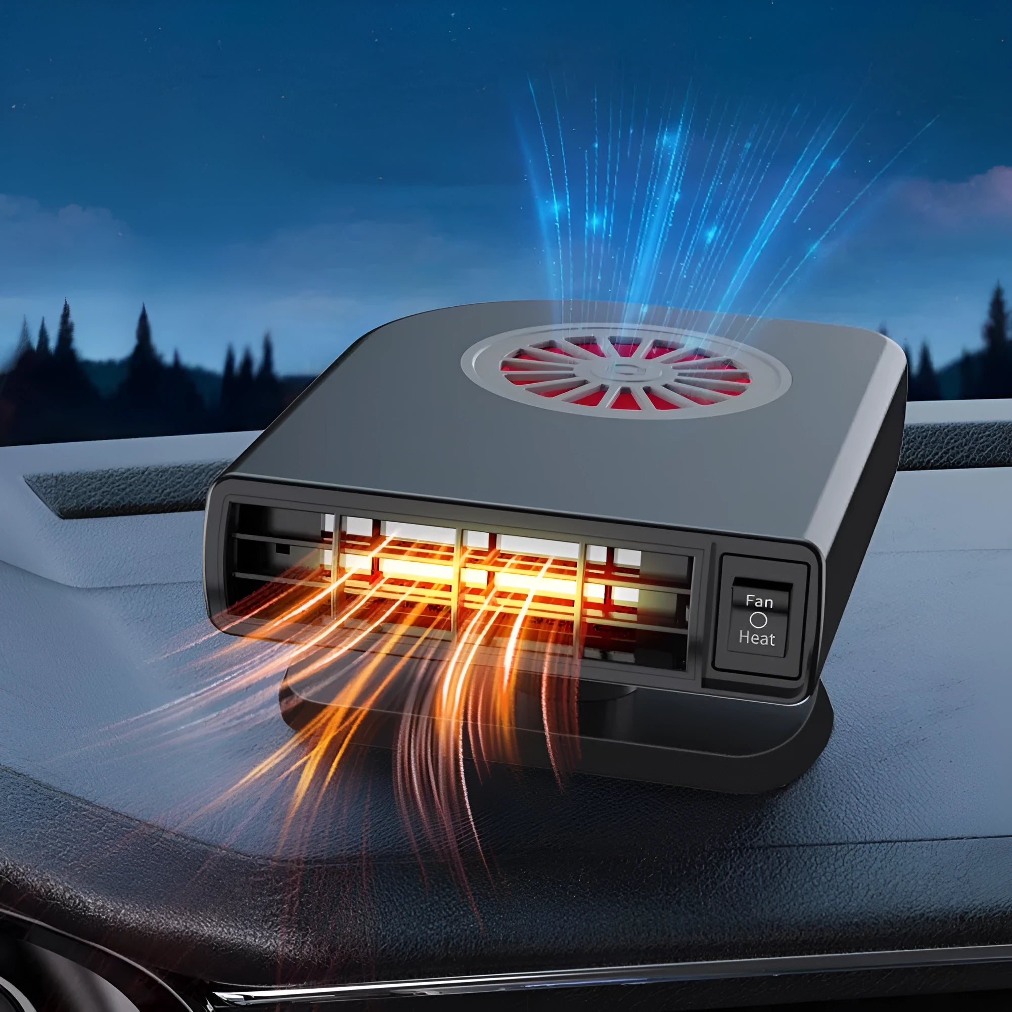 Black compact DC 12V car heater for defrosting and defogging with 360-degree rotation.