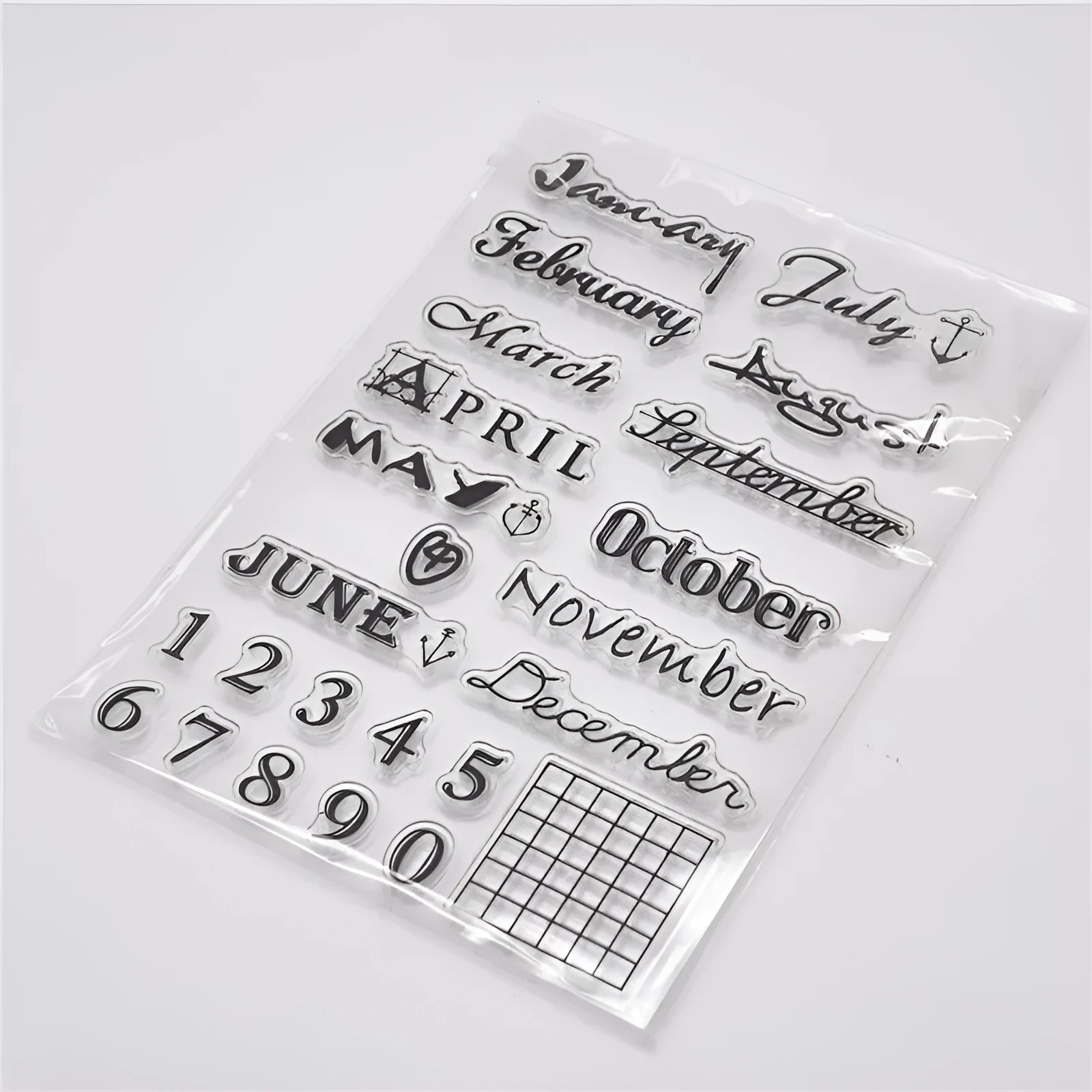 Transparent silicone calendar stamp featuring a digital table icon design on a white background.