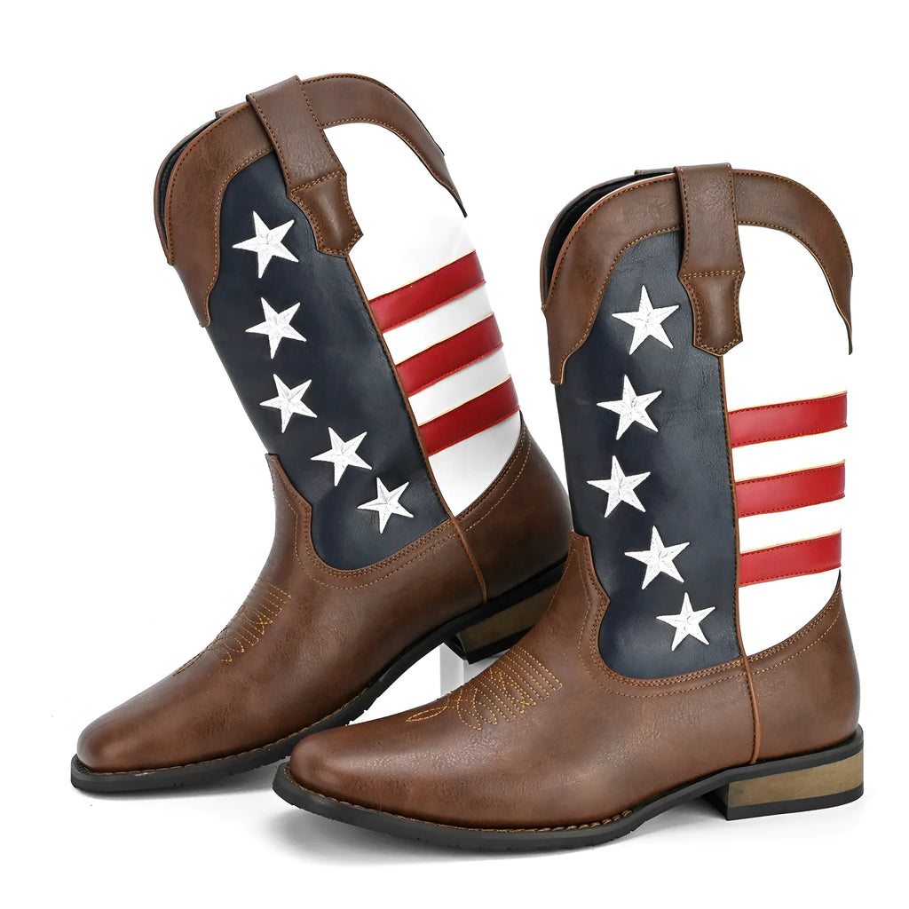 Men's black Western cowboy boots with a five-pointed star decoration and square heel.