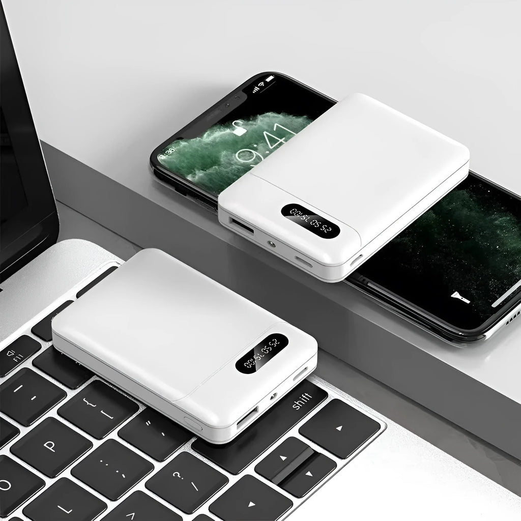 Black and white portable power bank showing USB ports and dimensions 92x63x23mm