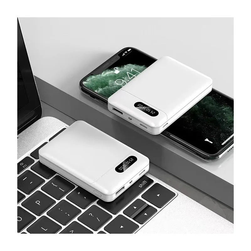 Black and white portable power bank showing USB ports and dimensions 92x63x23mm
