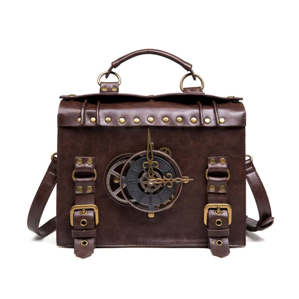 Bronze steampunk industrial retro shoulder bag with pillow shape and metal hardware