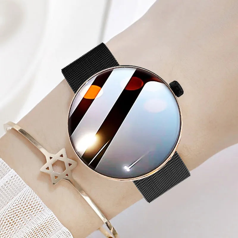 Women's smart watch with circular colour screen and metal wrist strap