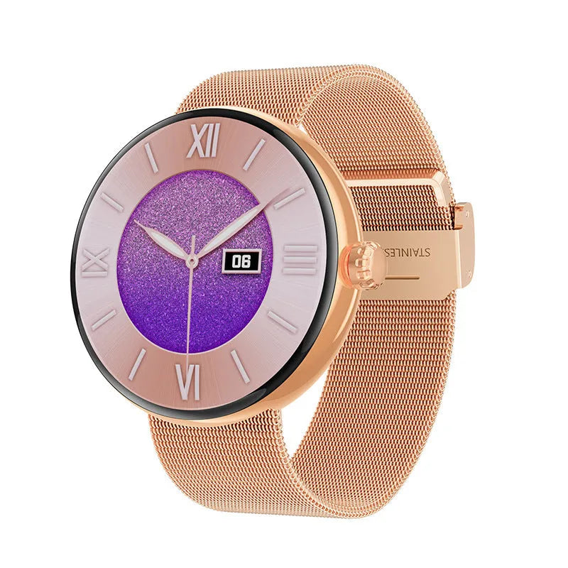 Women's smart watch with circular colour screen and metal wrist strap