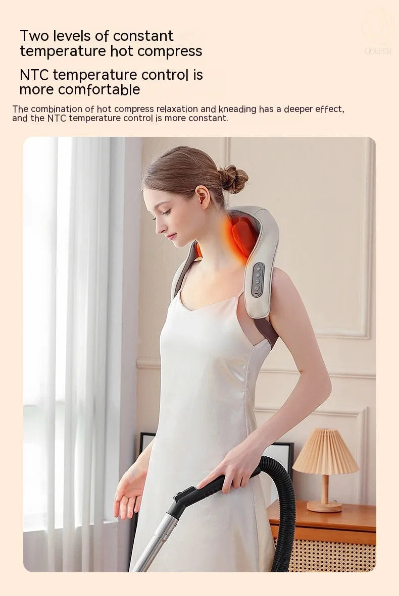 Creamy white rechargeable shoulder and neck kneading massager with infrared physiotherapy