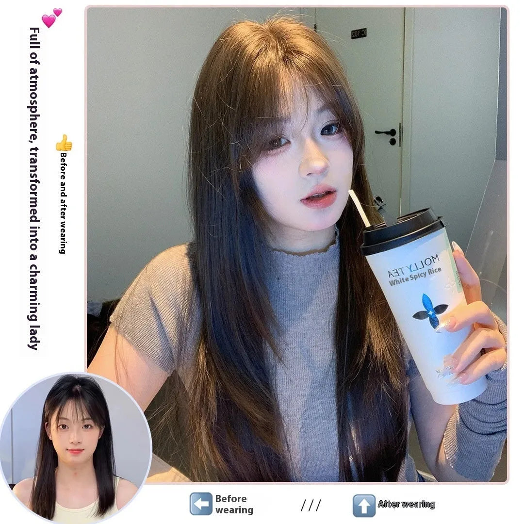 Cold brown long straight layered synthetic wig on a model, showing lace front detail.