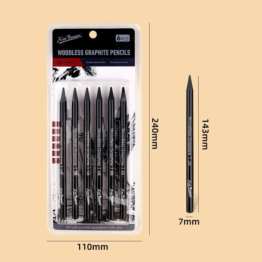 Wood-free graphite sketching pencil set with six different grades HB 2B 4B 6B 8B EE