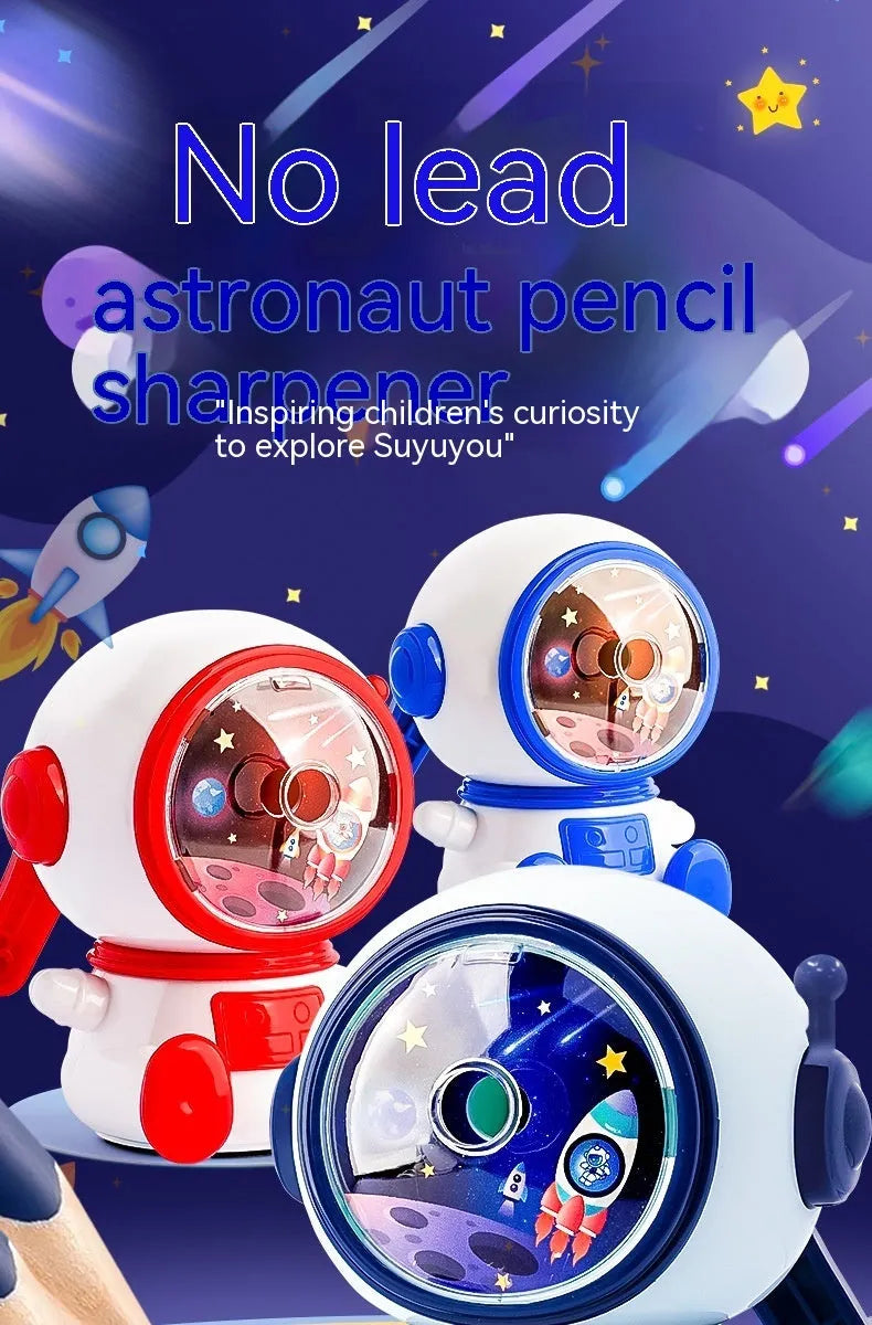 Blue astronaut manual pencil sharpener with adjustable three-level mechanism for standard 2mm pencils