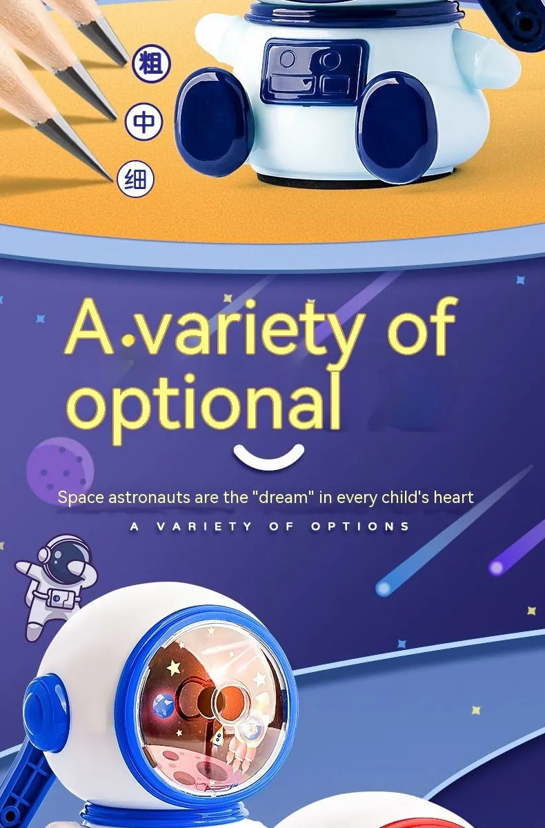 Blue astronaut manual pencil sharpener with adjustable three-level mechanism for standard 2mm pencils
