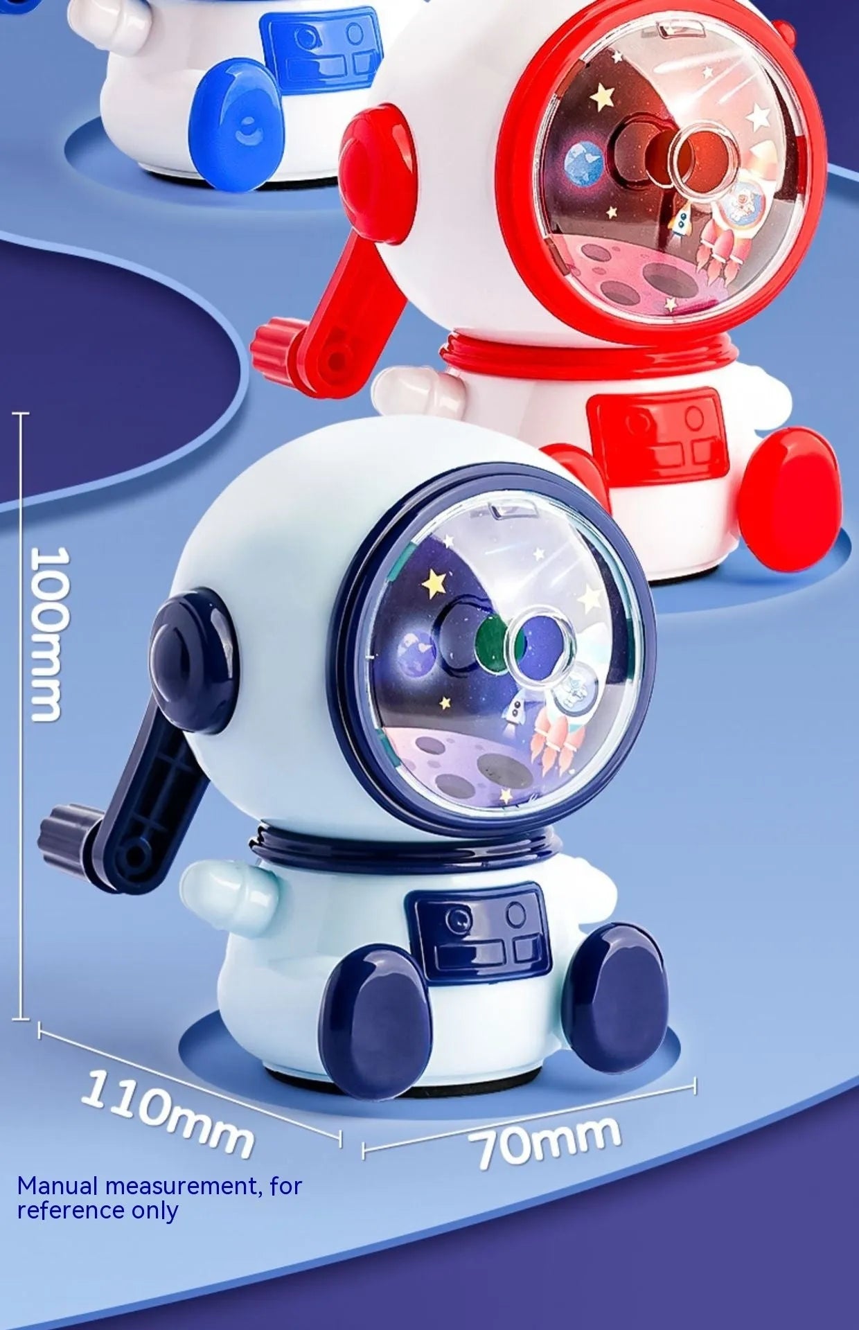 Blue astronaut manual pencil sharpener with adjustable three-level mechanism for standard 2mm pencils